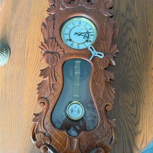 Vintage Brown Ornate Brass Pendulum Wall Clock with Carved Details